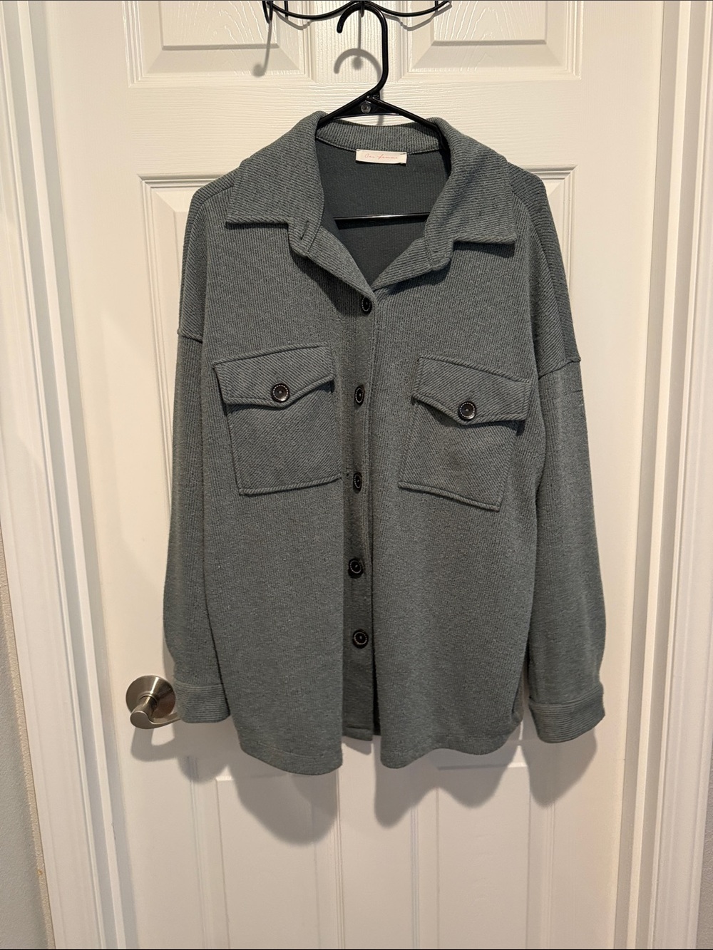Button-Front Grey Knit Shacket with Chest Pockets